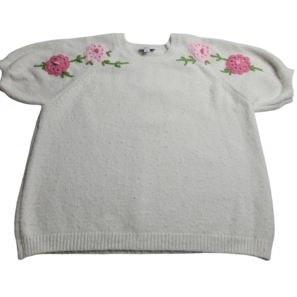 CeCe Floral Embroidered Short Sleeve Top Pink Posies Women's Medium